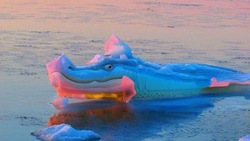 Нейросеть преобразила глыбу льда в Поронайске в снежного крокодила